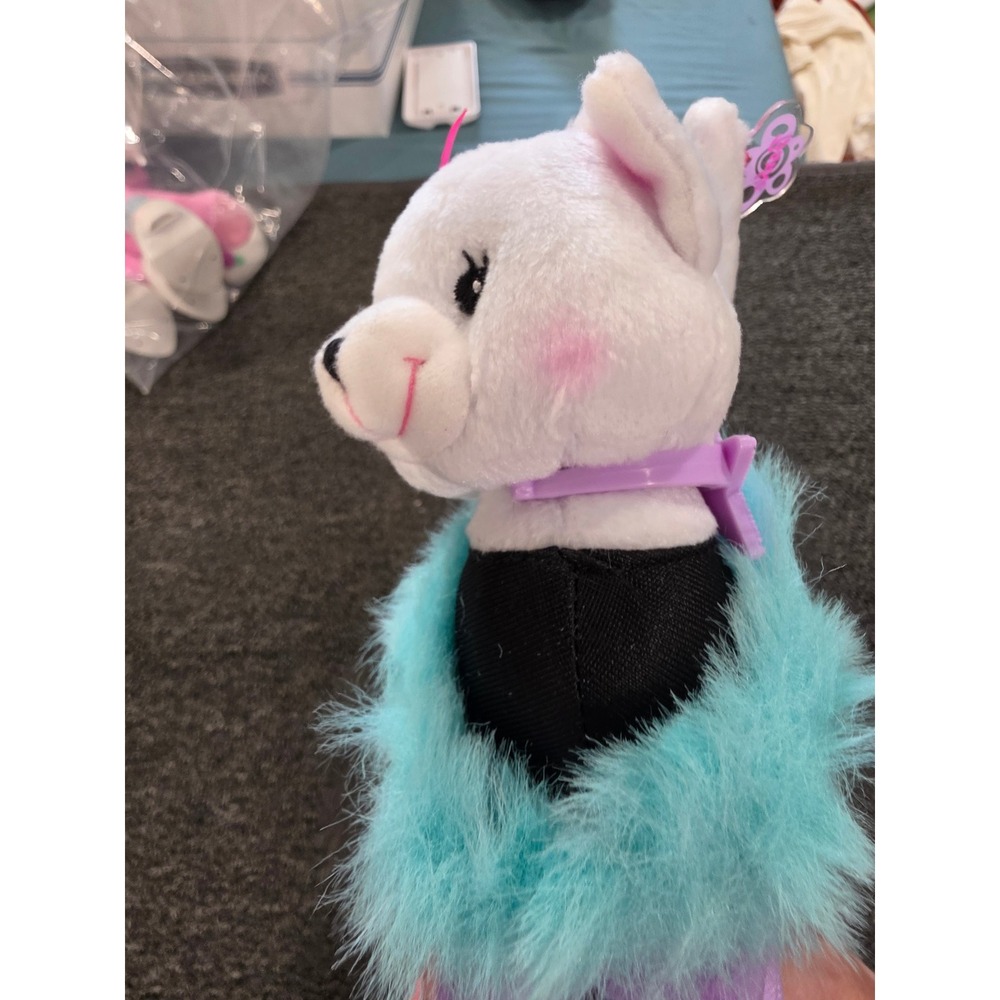 Vintage Mattel Barbie White Cat Plush Teal Faux Fur Boa Pink Skirt Flower Tag